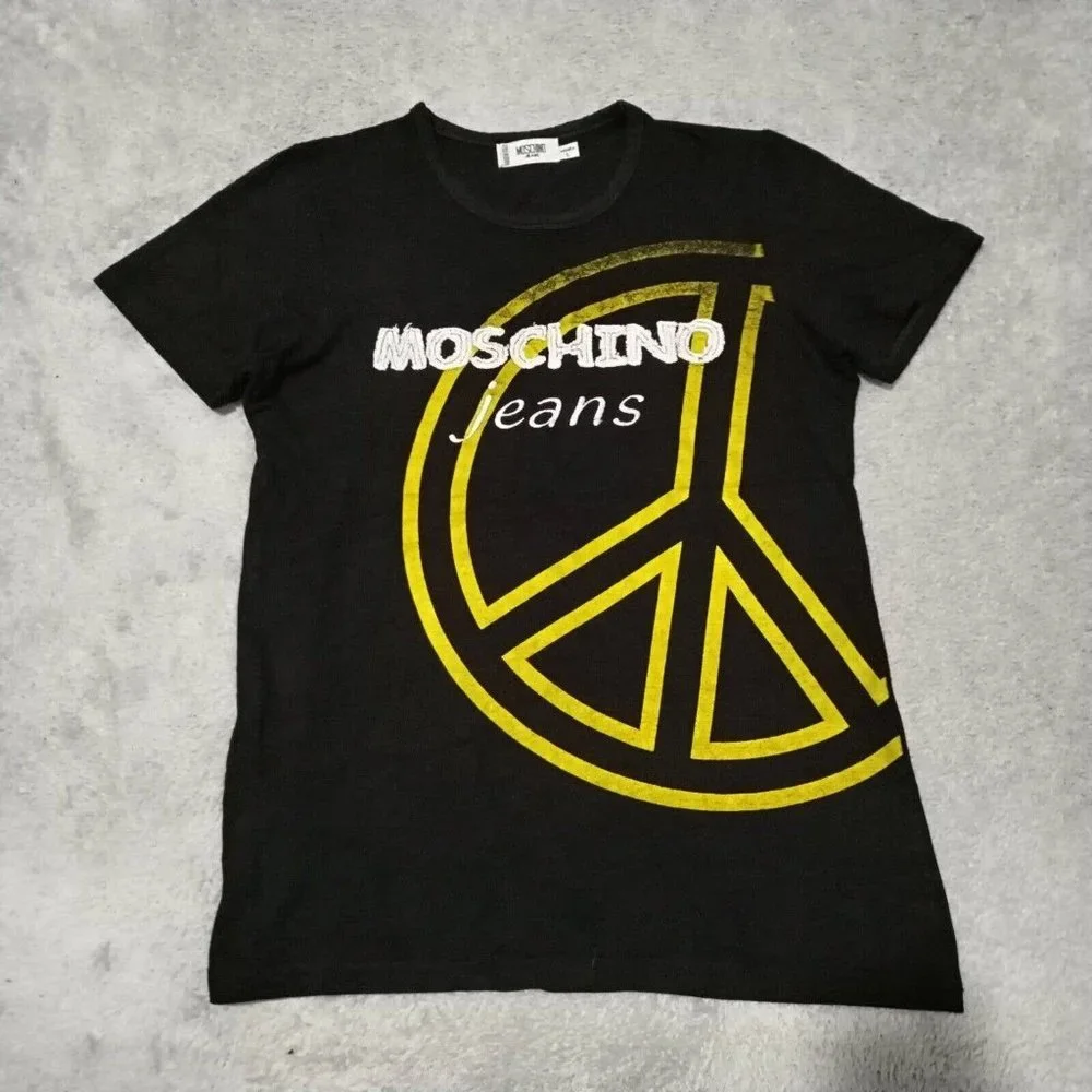 Vintage Moschino Jeans T Shirt Womens L Black Peace Embroidered Logo Graphic Top - Picture 1 of 14
